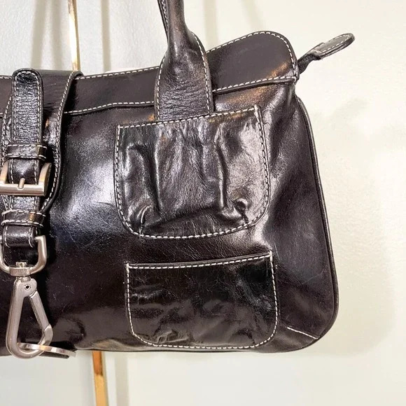 Hype Satchel Shoulder Bag Black Patent Leather Multi Pocket Handbag Purse Buckle - Picture 3 of 10